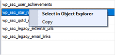The context menu in the SQL Search search results, showing the option to Select in Object Explorer