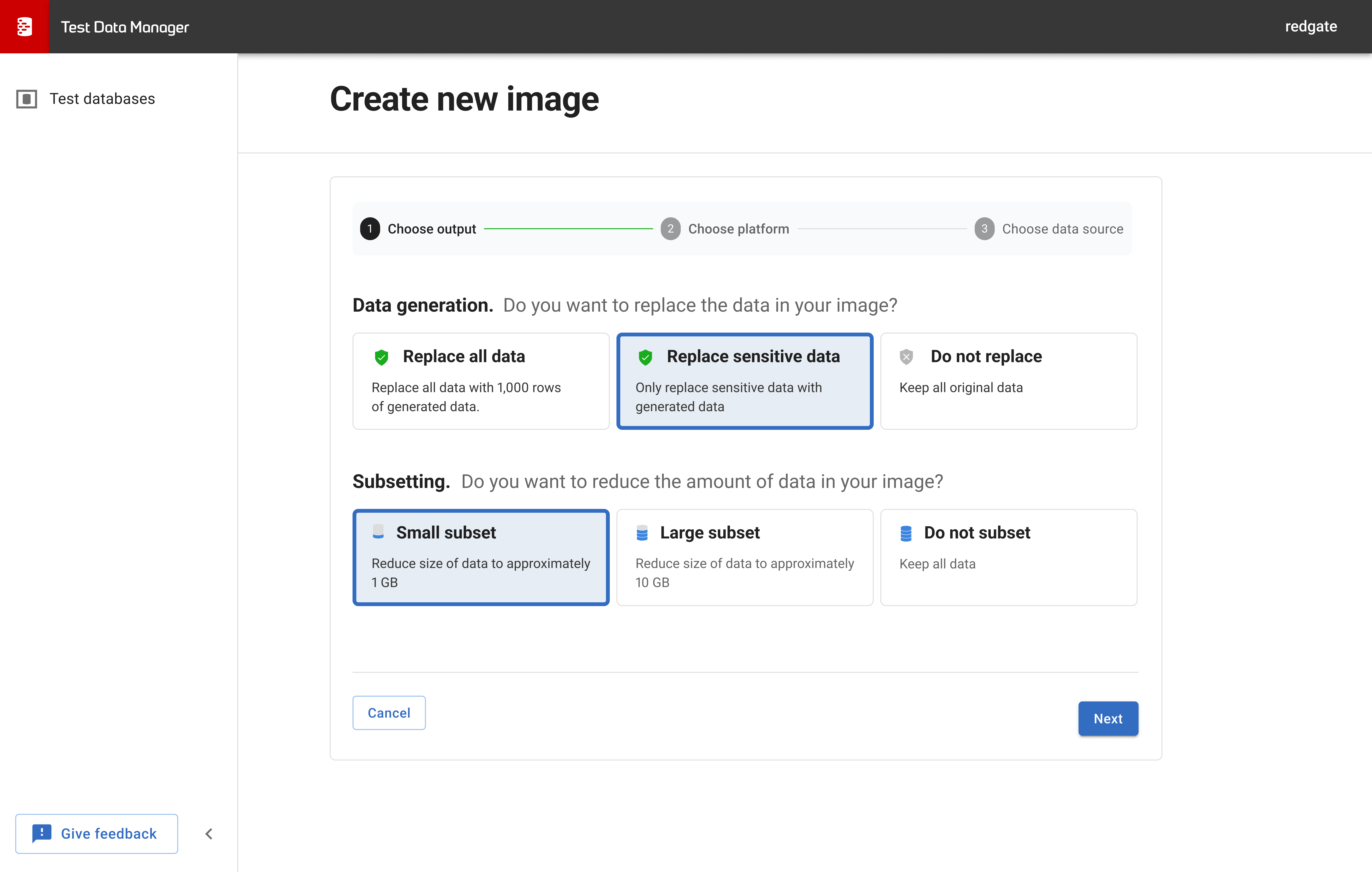 Creating an image in Redgate Test Data Manager
