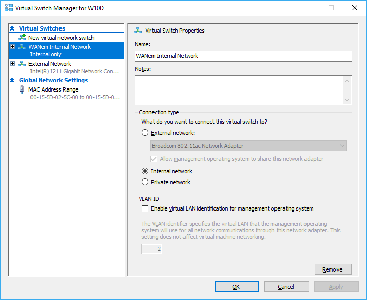 Create an internal only virtual switch to keep your test environment off of the corporate network.