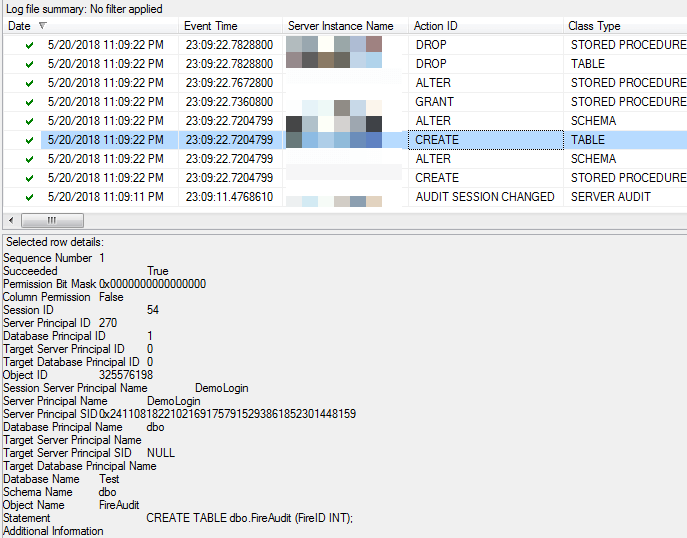 Audit records for database object changes