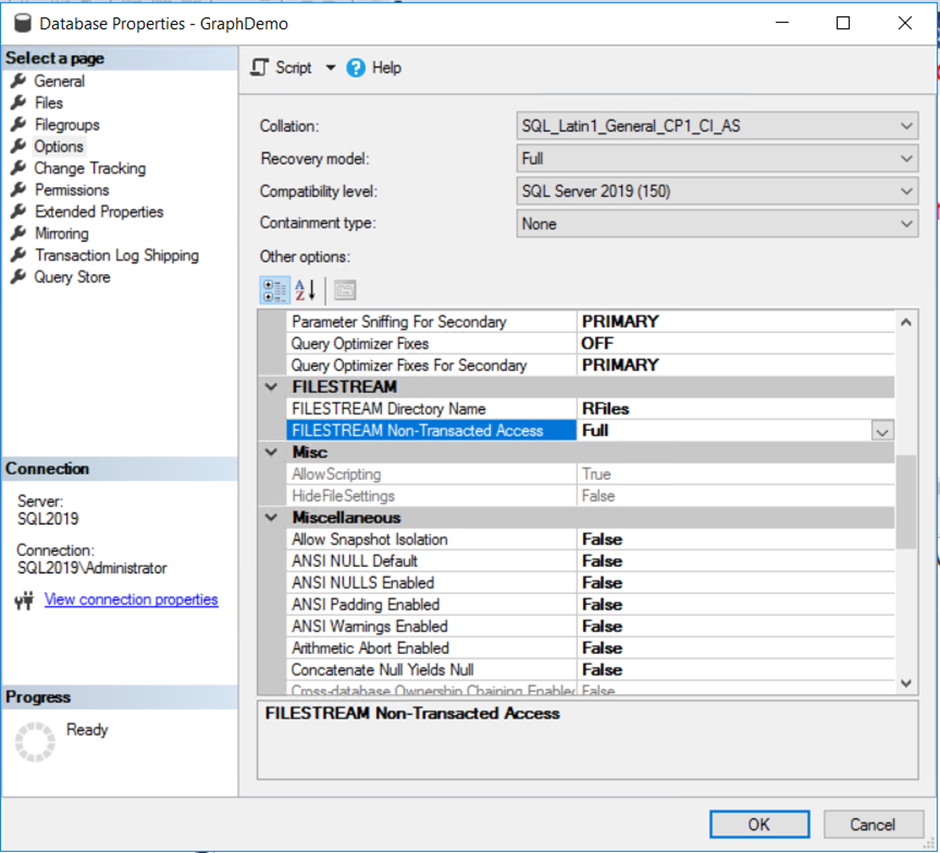 FileStream database properties