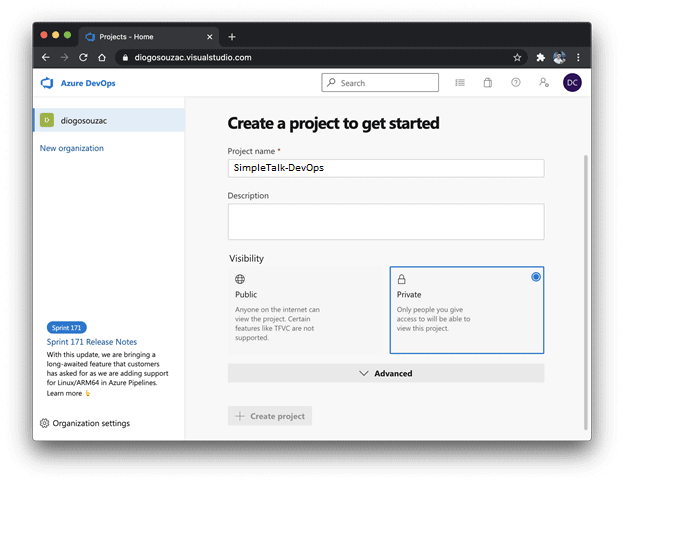 Azure DevOps create a project