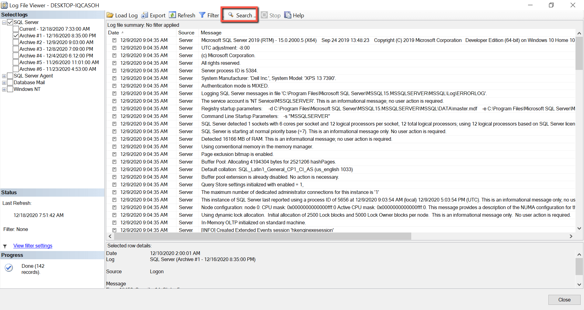 Browsing my error log file to search SQL Server error log files