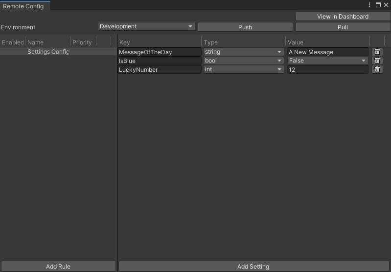 The Remote Config window with settings