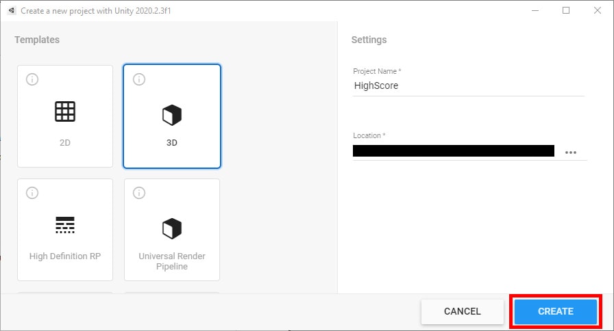 Figure 3: Project name, template, and location