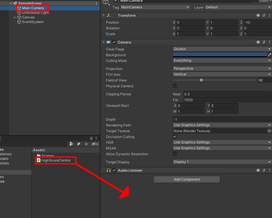 Assigning HighScoreControl to Main Camera