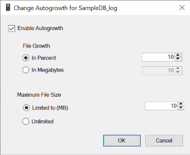 Image showing SSMS autogrowth settings
