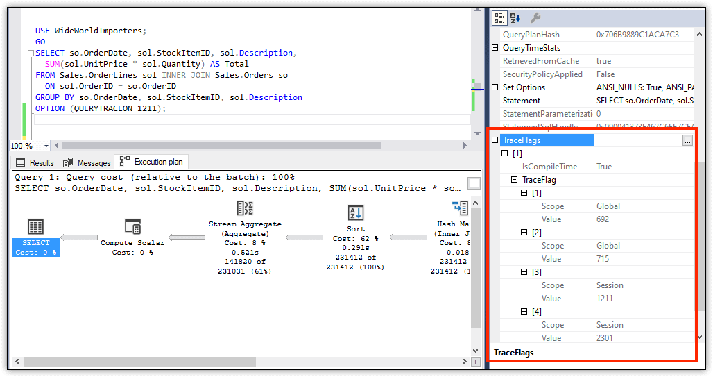 Image showing how to find trace flags in execution plan