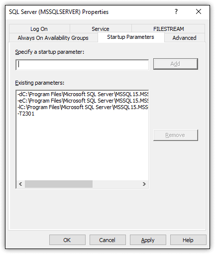 Image showing SQL Server start up properties adding trace flag as parameter