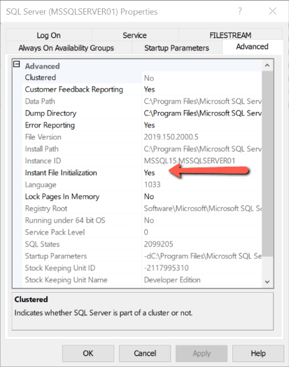 Image from configuration manager showing instant file initialization