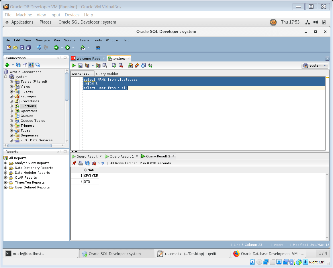 Oracle DB Developer VM [Running] - Oracle VM VirtualBox