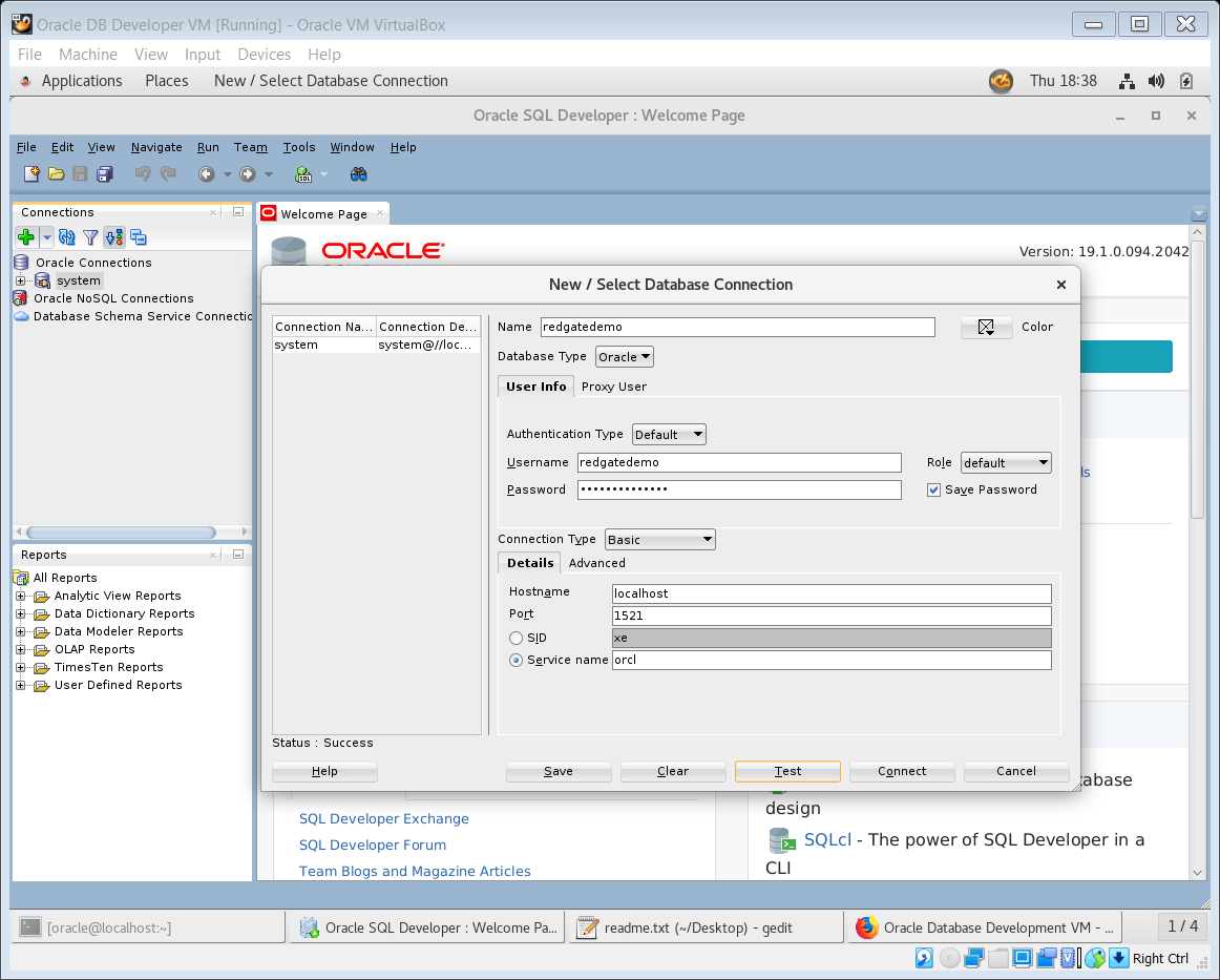 Oracle DB Developer VM [Running] - Oracle VM VirtualBox