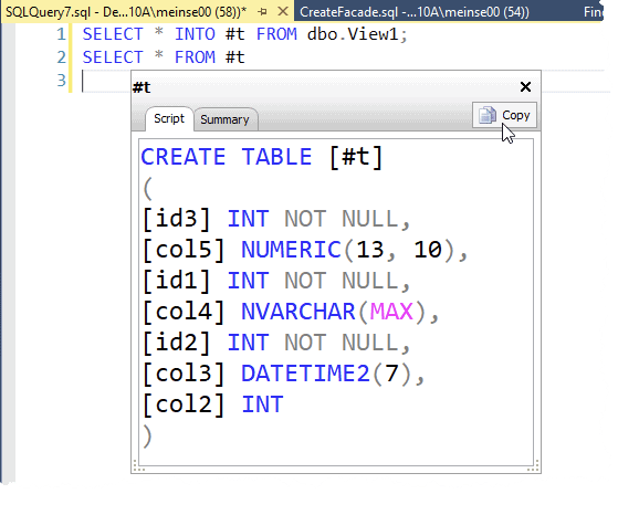 Image showing create table script