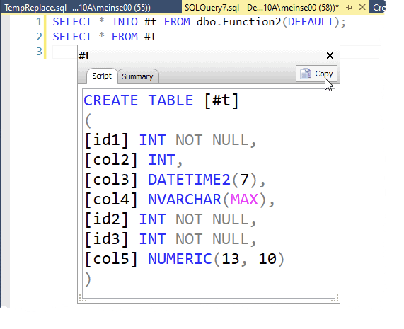 Image showing create temp table script