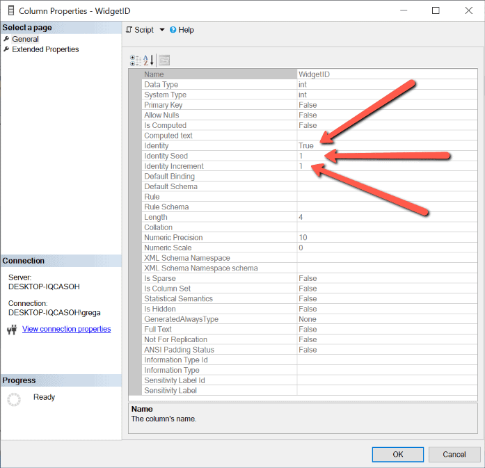 An image showing a SQL Server identity column properties
