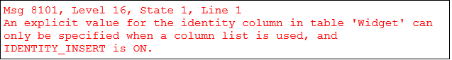 An image showing the error  when inserting a value into a SQL Server identity column