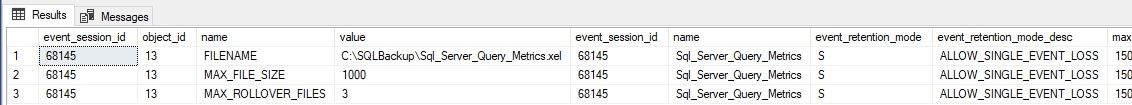 Image showing file parameters for extended event target file