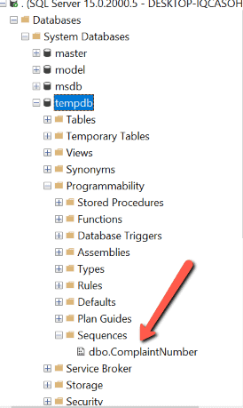 Image showing the sequence object in SQL Server Management Studio