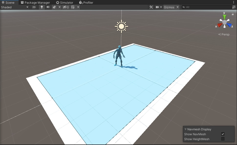 Image showing the project scene with the nav mesh shown.  Blue rectangle with a bot.