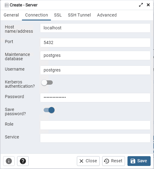 Image showing the pgAdmin tool connection properties