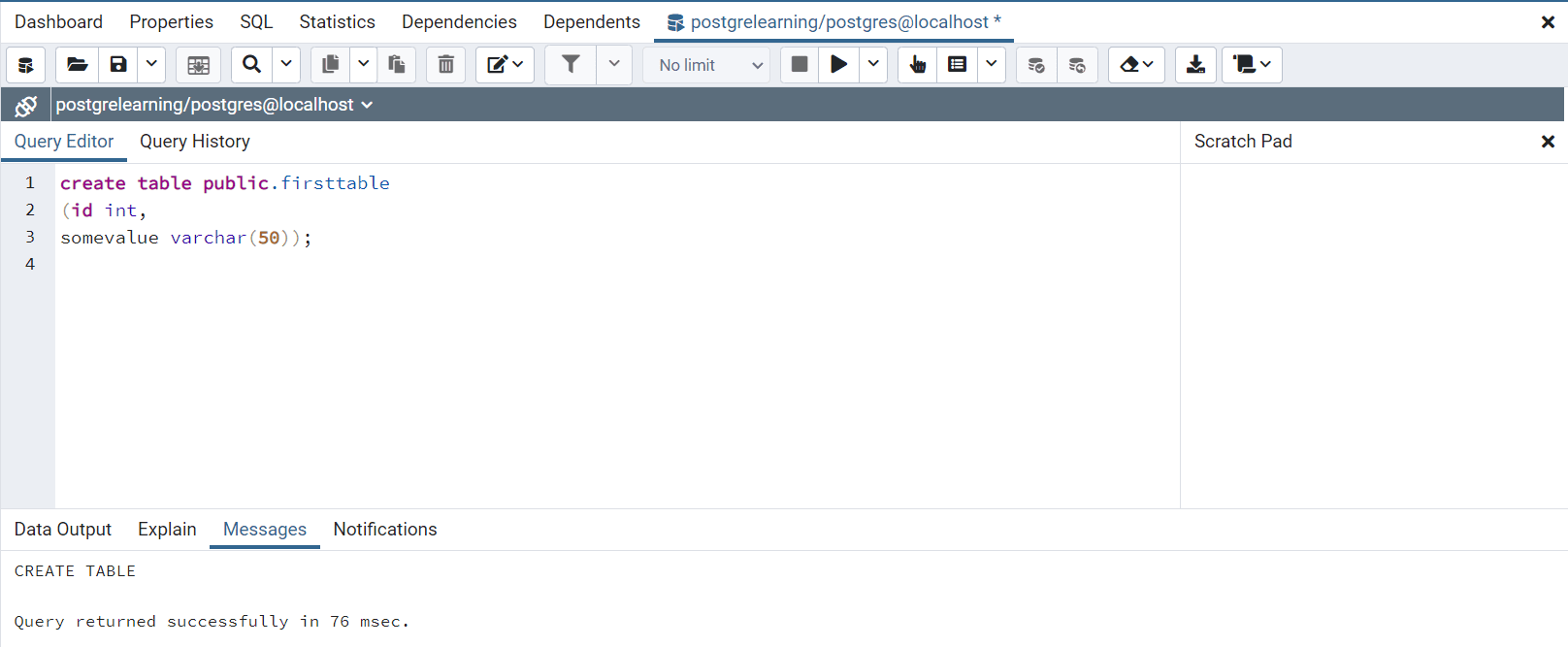 Image showing the query editor in pgAdmin and a create table statement