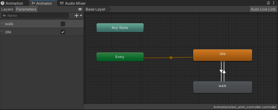 Image showing bot_anim_controller, showing animation states, transitions, and booleans. Buttons for entry, idle, and walk