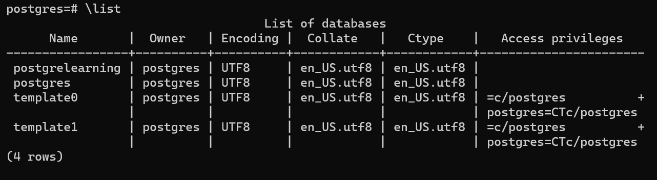 List of databases from PosgreSQL using the \List command