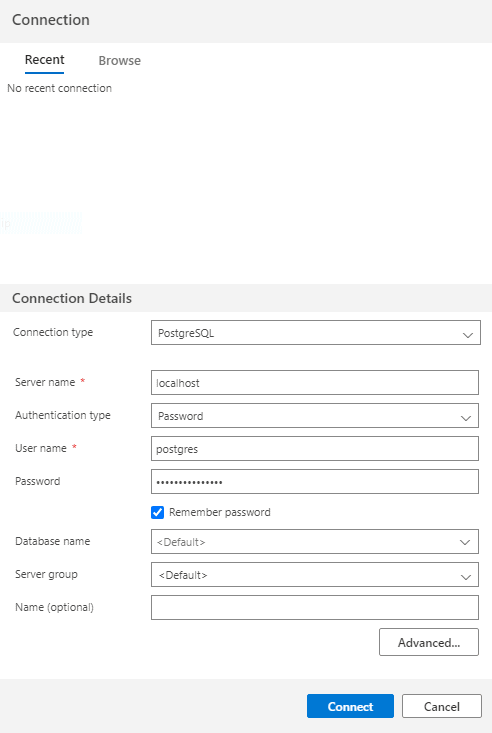 The connection dialog to connect to PosgreSQL from Azure Data Studio