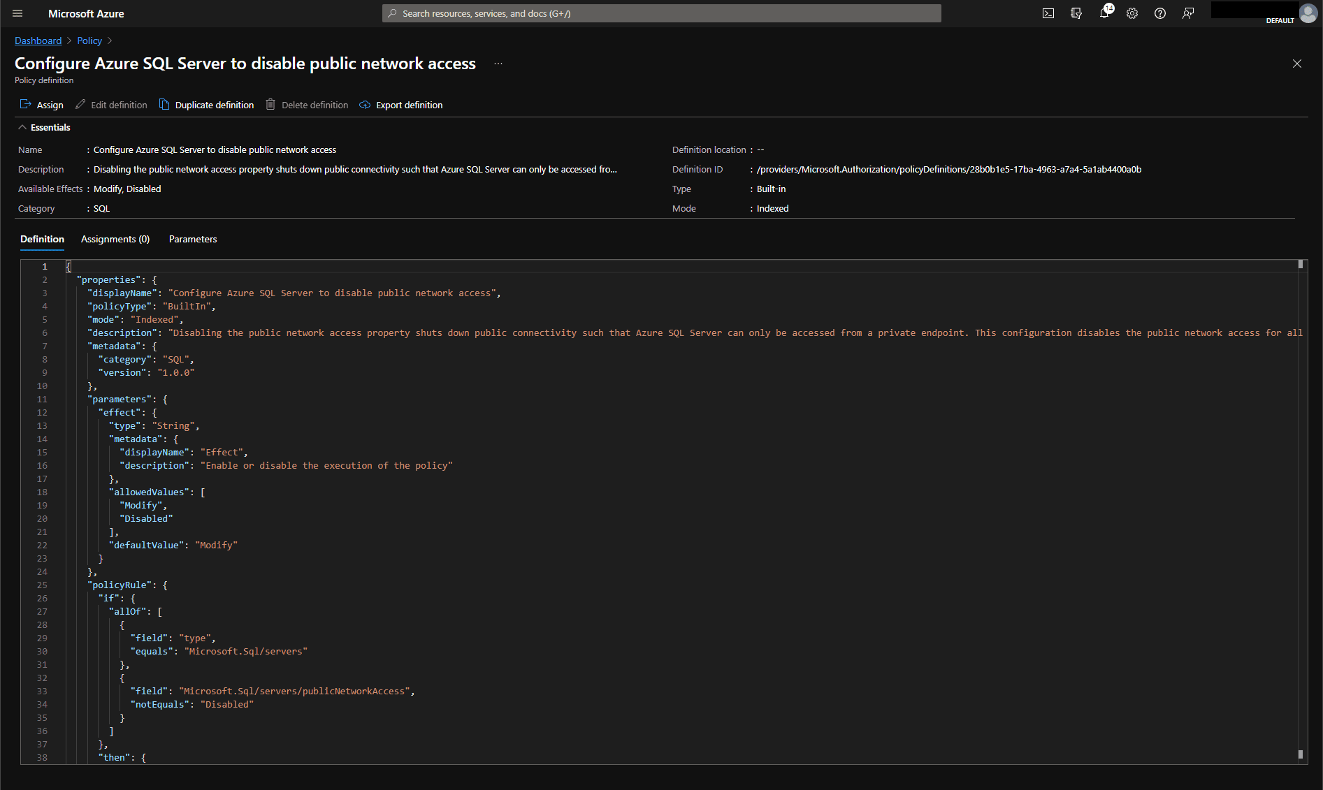 Image showing the configuration page of an Azure policy. The JSON is available on the page.