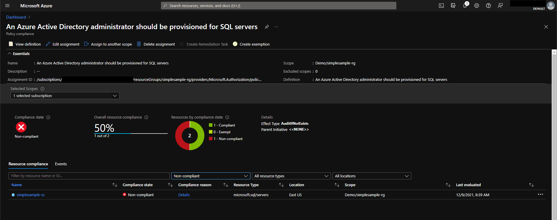 Image showing the results of an Azure policy. One database is violating the policy.