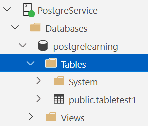 An image showing PostgreSQL in Azure Data Studio with the Tables folder selected