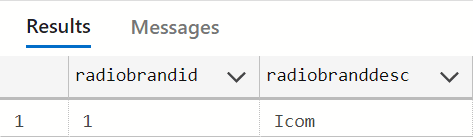 An images showing the results of adding a row to the table. Radiobrandid radiobranddesc, 1, Icom