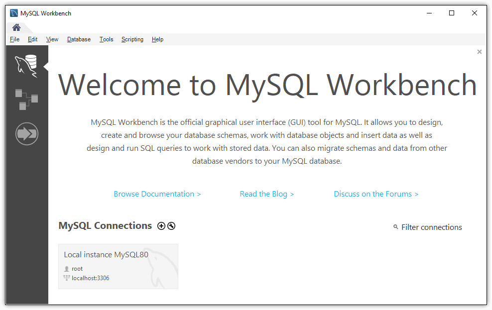 An image showing the MySQL Workbench welcome page.