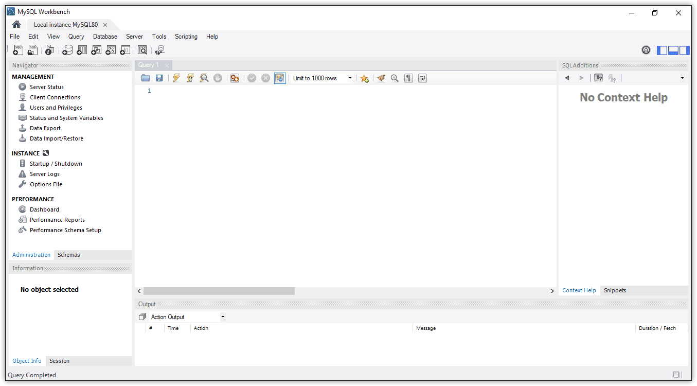 An image showing the MySQL workbench with the management tab open. There is also a query tab showing.