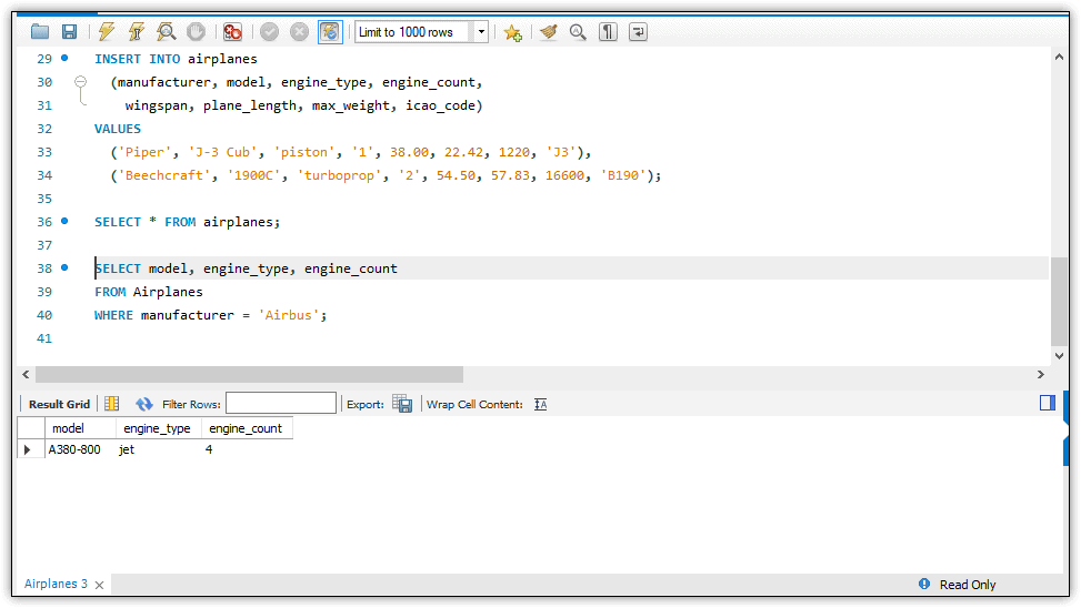 An image showing a query window with the INSERT and SELECT statements. The results of a query with a comma delimited list and filter.