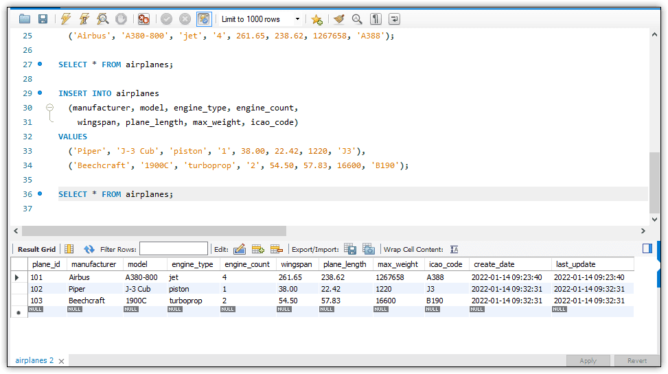 An image showing the insert and select statements. The insert is inserting multiple rows.