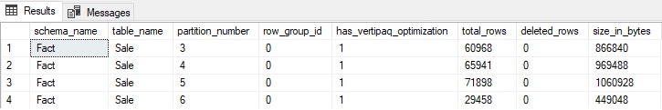 Images showing that after drop and create of the columnstore index, the has_vertipaq_optimization flag is now on and the size_in_bytes has decreased