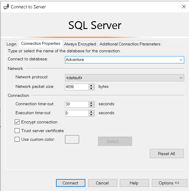 An image showing SSMS connecting to a server and specifying the database name.