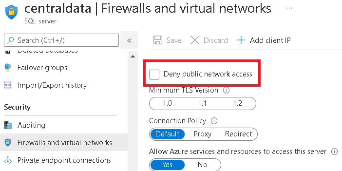 AN image showing the Firewalls and virtual network for you server. Deny Public network access is highlighted.