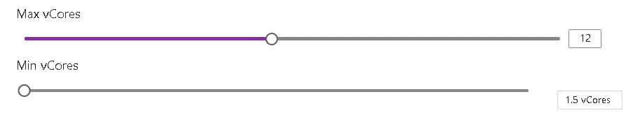 An image showing the Max and Min vCores configuration of serverless