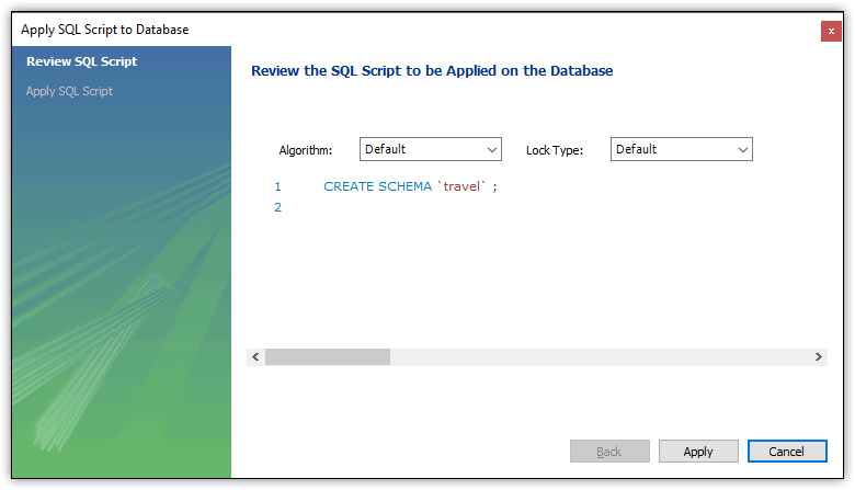 An image showing the script before it is applied to the database "CREATE SCHEMA 'travel';"