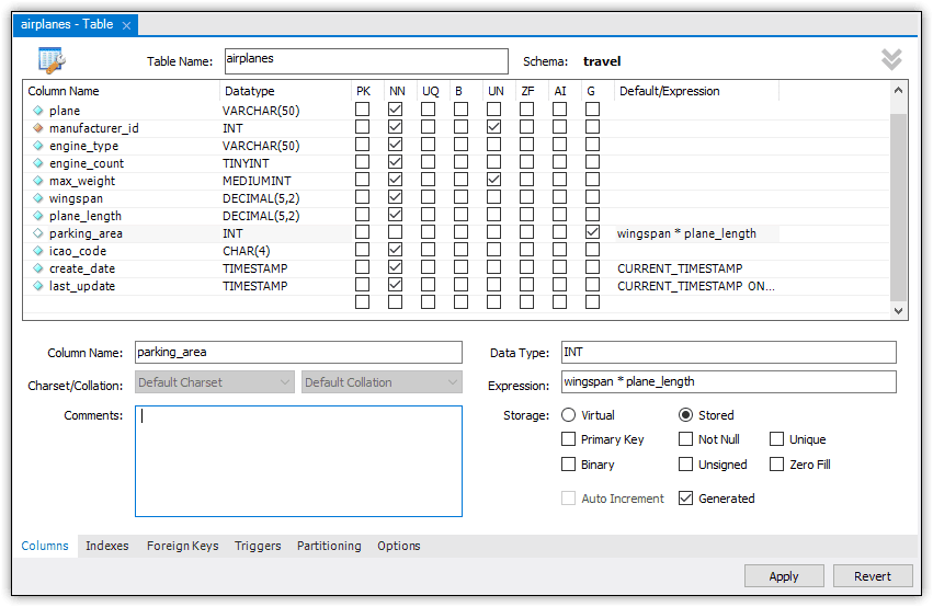 The edit table dialog showing the new parking_area column. Default/Expression "wingspan * plane_length". Stored and Generated are selected.