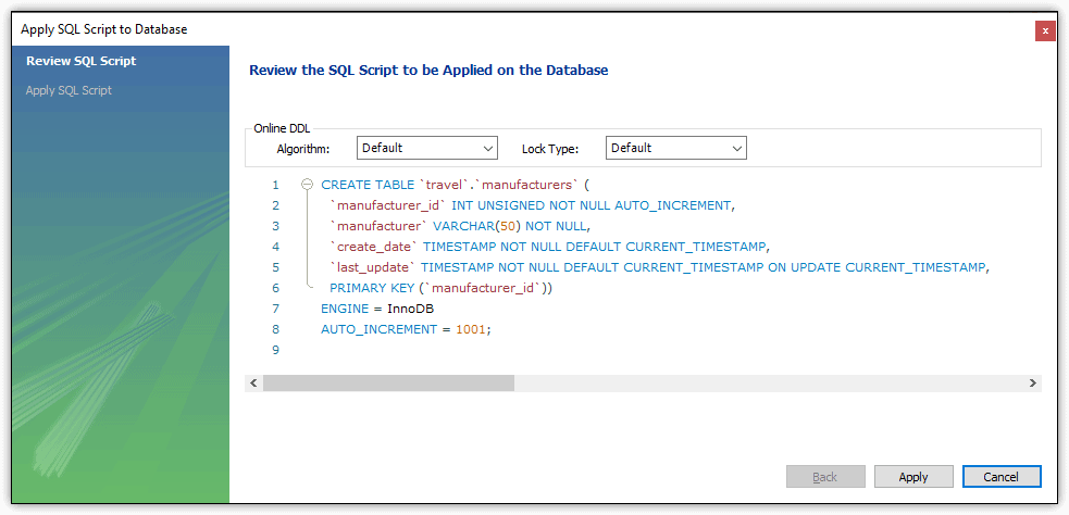 The generated script for the manufacturers table.