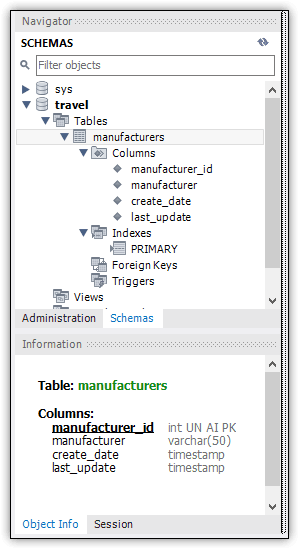 The manufacturers table now visible in the Navigator under the Travel schema