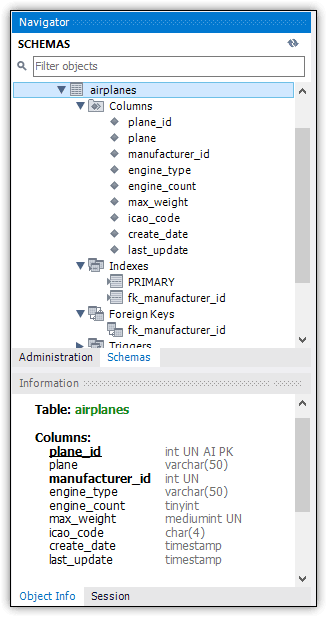 The airplanes table shown in Navigator