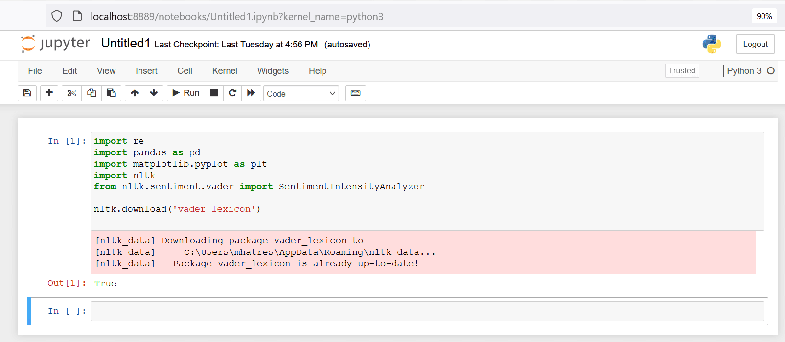 An image showing the import statements and return message saying the package vader_lexicon is up to date