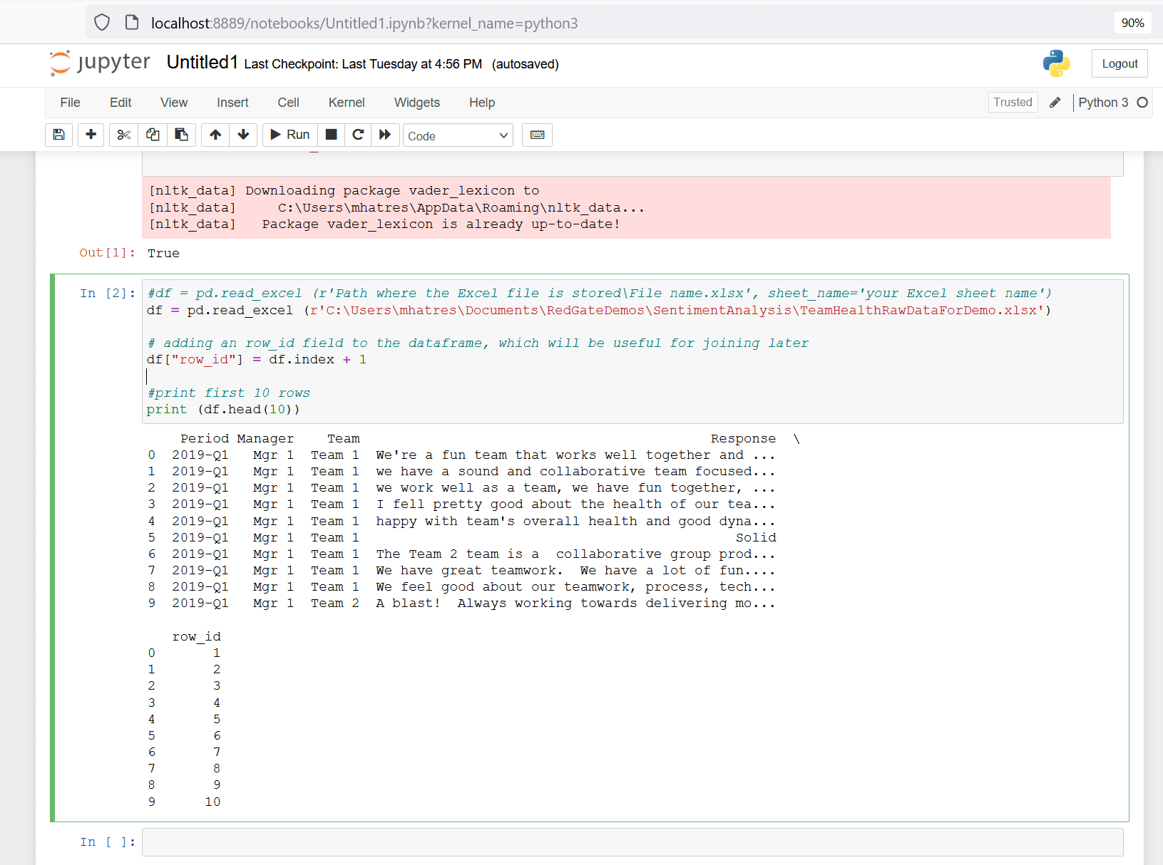 An image showing the data import and print statements. The results of the import statement.