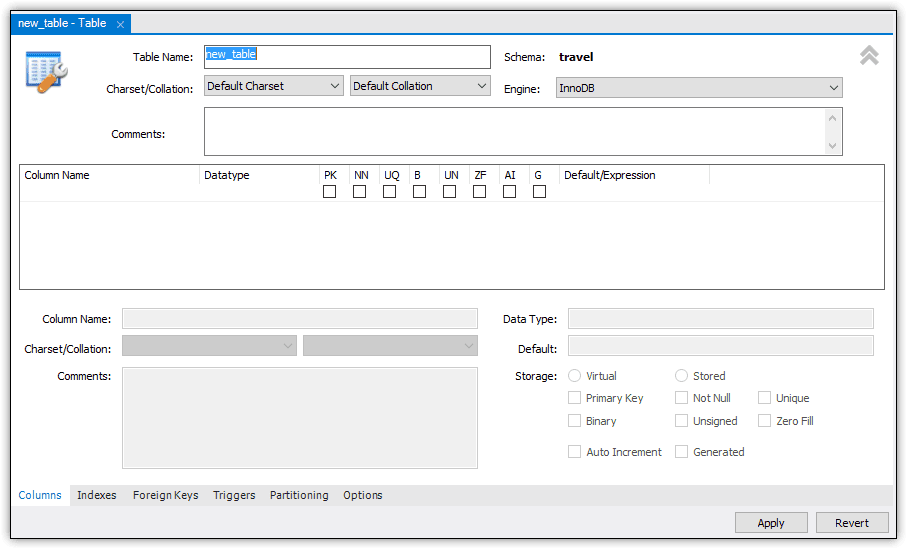 The New Table GUI. Add columns with datatype and constraints