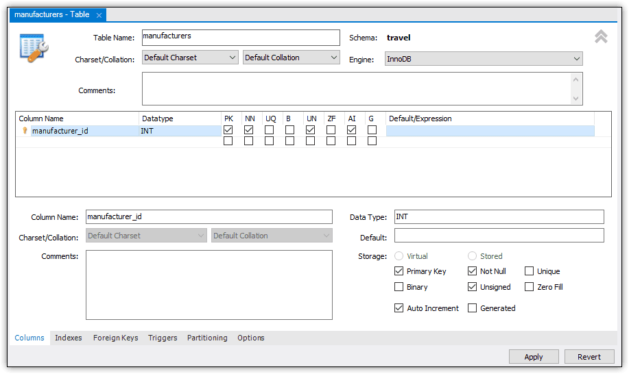 An image showing the manufacturer_id column with PK (primary key), NN (not null), UN (unsigned), and AI (auto increment) checked. Data type is INT