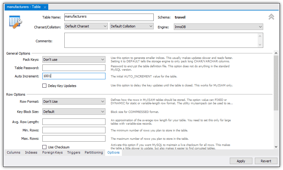 An image showing the Auto-increment options. The initial auto-increment value is 1001